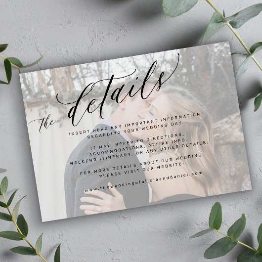 Modern script white faded photo wedding details informatiekaartje