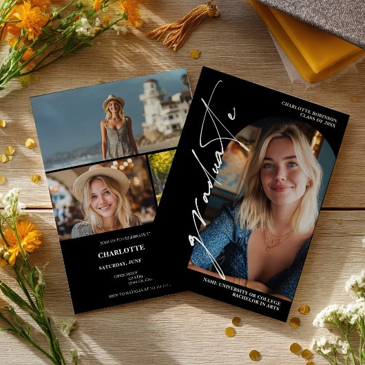  Modern Script white graduate photo graduation Kaart