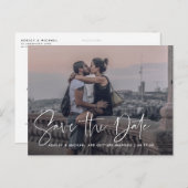 Modern Script White Overlay Photo Wedding Aankondigingskaart (Voorkant / Achterkant)