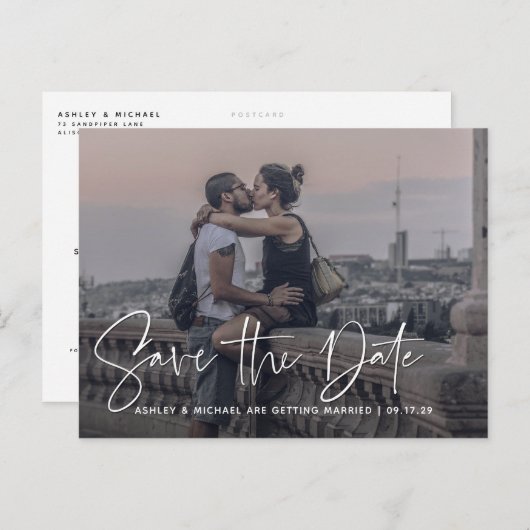 Modern Script White Overlay Photo Wedding Aankondigingskaart (Voorkant / Achterkant)