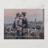 Modern Script White Overlay Photo Wedding Aankondigingskaart (Voorkant)