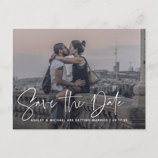 Modern Script White Overlay Photo Wedding Aankondigingskaart (Voorkant)