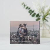 Modern Script White Overlay Photo Wedding Aankondigingskaart (Staand voorkant)