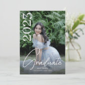 Modern Script White Photo Afstuderen Kaart (Staand voorkant)