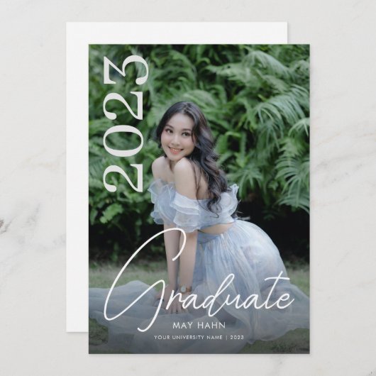 Modern Script White Photo Afstuderen Kaart (Voorkant / Achterkant)