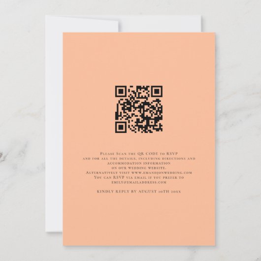 Modern script Wij doen QR Code Peach Wedding Kaart (Achterkant)