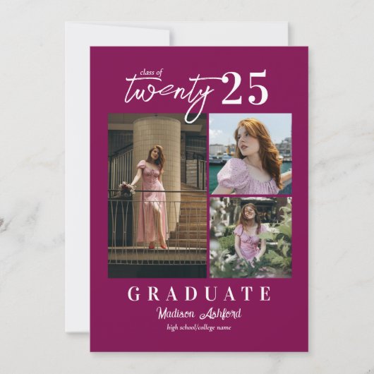 Modern Script Wine 3 Photo Collage Afstuderen Aankondiging (Voorkant)