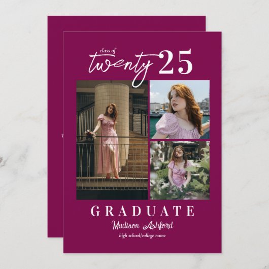 Modern Script Wine 3 Photo Collage Afstuderen Aankondiging (Voorkant / Achterkant)