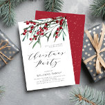 Modern Script Winter Berries Kerstfeest Kaart<br><div class="desc">Nodig uw vrienden en geliefden uit voor een uitgebreid vakantiediner en een feestje met deze eigentijdse elegante uitnodiging met waterverf winterbessen,  botanische bladstelen en verfijnde letters van "Christmas Party".</div>