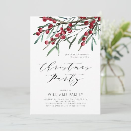 Modern Script Winter Berries Kerstfeest Kaart (Staand voorkant)