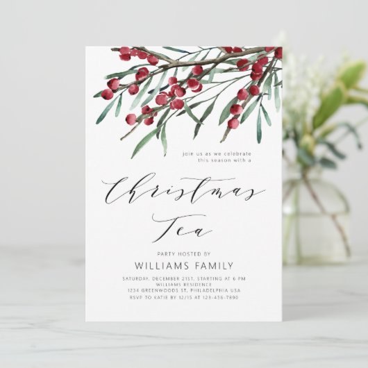 Modern Script Winter Berries Kerstthee Kaart (Staand voorkant)
