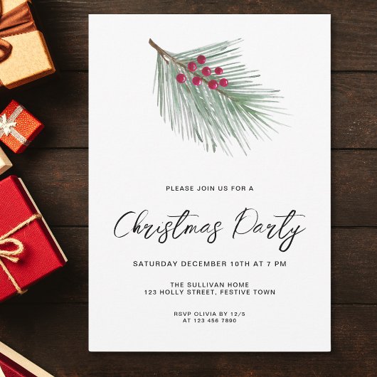 Modern Script Winter Berries Pine Christmas Party Kaart