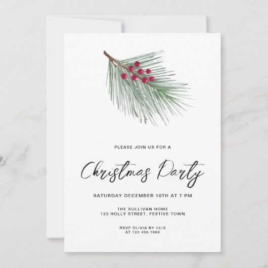 Modern Script Winter Berries Pine Christmas Party Kaart (Voorkant)