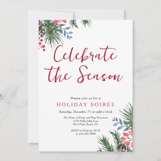Modern script Winter Holly Berries Holiday Soiree Kaart (Voorkant)
