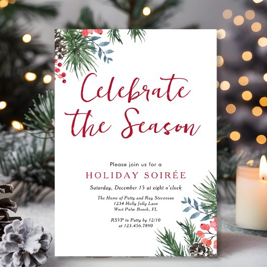 Modern script Winter Holly Berries Holiday Soiree Kaart