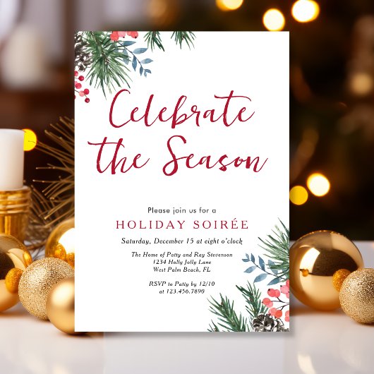 Modern script Winter Holly Berries Holiday Soiree Kaart