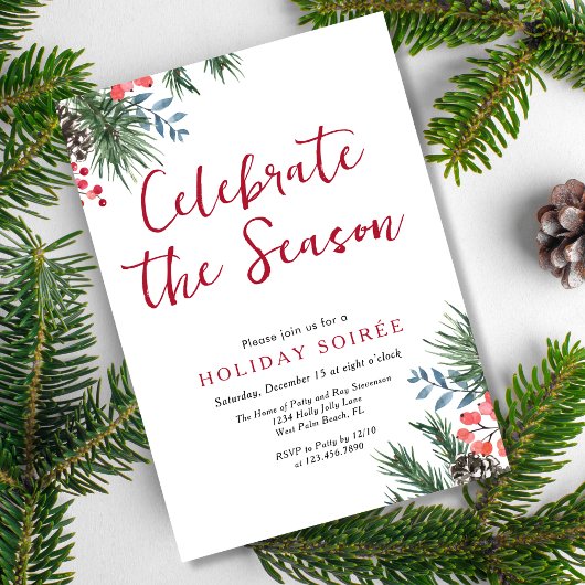 Modern script Winter Holly Berries Holiday Soiree Kaart