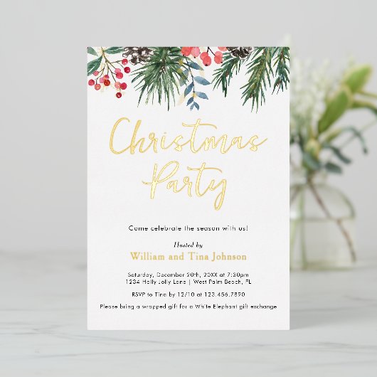 Modern Script Winter Holly Berries Kerstfeest Folie Uitnodiging (Staand Voorkant)