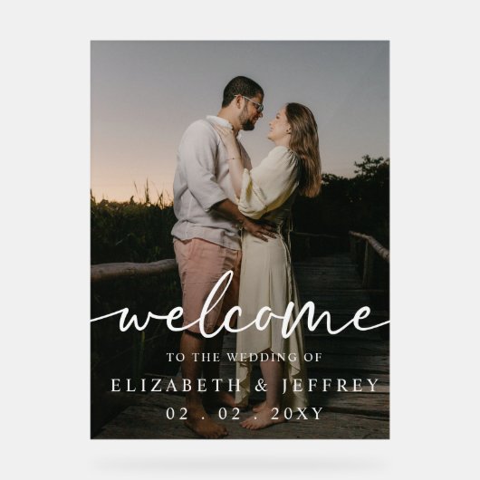 Modern Script Wit Foto Bruiloft Welkom Acryl Bord (Voorkant)