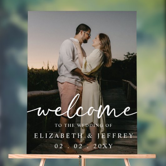 Modern Script Wit Foto Bruiloft Welkom Acryl Bord (Neutraal)