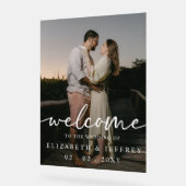 Modern Script Wit Foto Bruiloft Welkom Acryl Bord (Hoek)