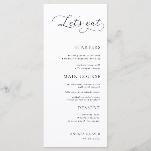 Modern Script Wit Minimalist Let's Eat Wedding Menu (Voorkant)