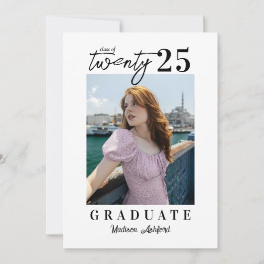 Modern Script Wit Zwart Foto Graduation Party Kaart (Voorkant)