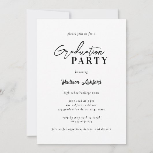 Modern Script Wit Zwart Foto Graduation Party Kaart (Achterkant)