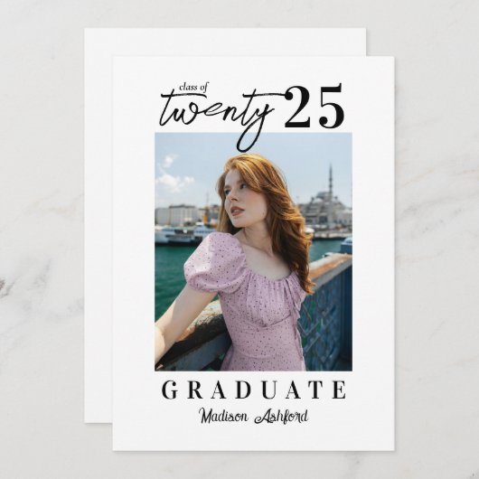 Modern Script Wit Zwart Foto Graduation Party Kaart (Voorkant / Achterkant)