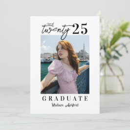 Modern Script Wit Zwart Foto Graduation Party Kaart