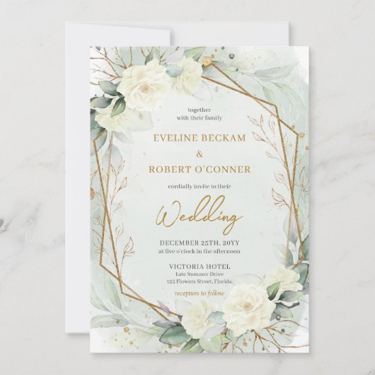 Modern script witte rozen eucalyptus bruiloft kaart (Voorkant)