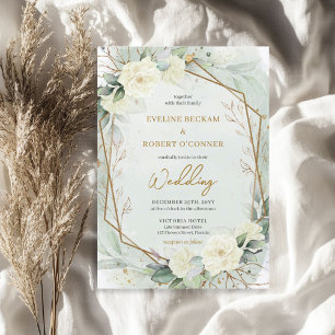 Modern script witte rozen eucalyptus bruiloft kaart