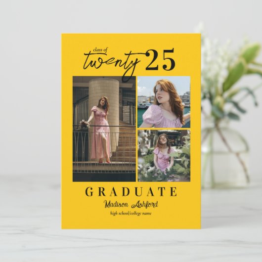 Modern Script Yellow 3 Photo Collage Afstuderen Aankondiging (Staand voorkant)