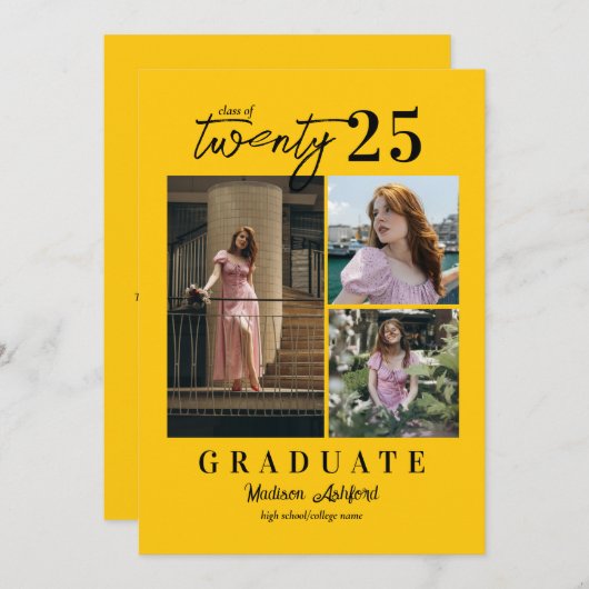Modern Script Yellow 3 Photo Collage Afstuderen Aankondiging (Voorkant / Achterkant)