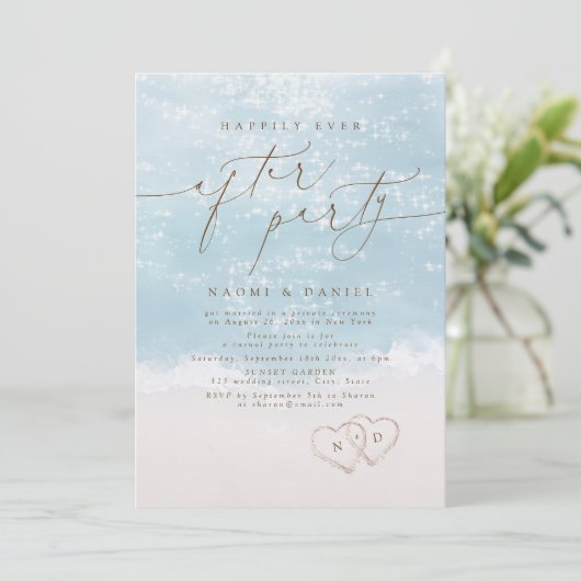 Modern Script Zand Hartjes Happily Ever After Fees Kaart (Staand voorkant)
