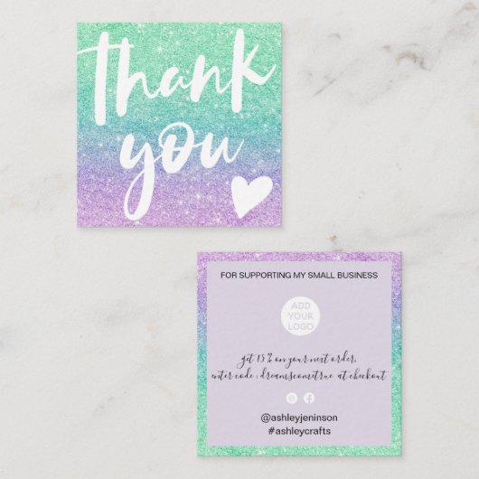 Modern script zeemeermin glitter blauwgroen bedank vierkante visitekaartje (Voorkant / Achterkant)
