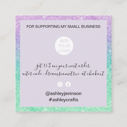 Modern script zeemeermin glitter blauwgroen bedank vierkante visitekaartje (Achterkant)