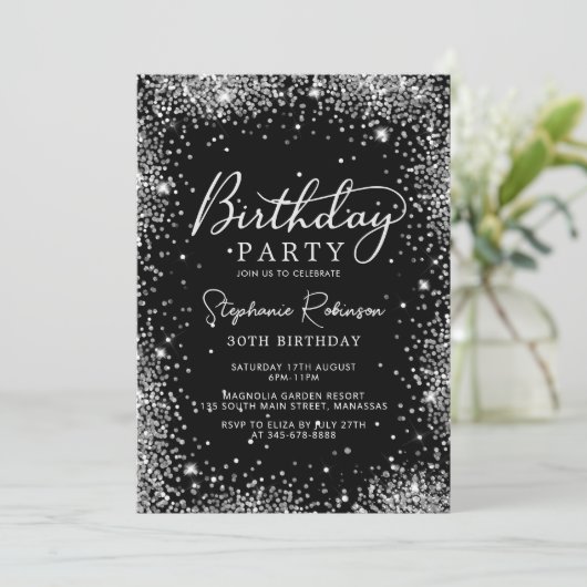 Modern Script Zilveren Glitter 30e Verjaardag Zwar Kaart (Staand voorkant)