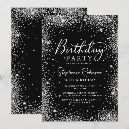 Modern Script Zilveren Glitter 30e Verjaardag Zwar Kaart (Voorkant / Achterkant)