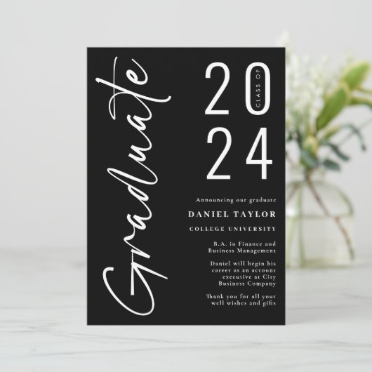 Modern Script Zwart 2024 Foto Afstuderen Aankondiging (Staand voorkant)