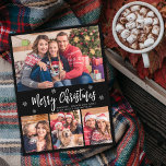 Modern Script Zwart 4 Fotocollage Kerstmis Briefkaart<br><div class="desc">Budget, Elegant, Modern, Sneeuwvlok 4 Fotocollage Merry Christmas Script Black Holiday Briefkaart. Deze feestelijke, minimalistische, grillige vier (4) foto vakantie kaart sjabloon beschikt over een fotocollage, wat sneeuwvlok en zegt Vrolijk Kerstfeest! De begroetingstekst "Vrolijk kerstfeest" is geschreven in een prachtige witte kleur met de hand geletterde typografie lettertype op zwarte...</div>