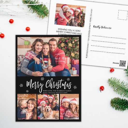 Modern Script Zwart 4 Fotocollage Kerstmis Briefkaart