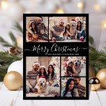 Modern Script Zwart 5 foto Collage Kerstmis Briefkaart<br><div class="desc">Elegant, Modern Zwart-wit 5 Fotocollage Vakantie Kerstmis Familie Foto Briefkaarten. Deze feestelijke, minimalistische, grillige vijf (5) foto vakantie wenskaart sjabloon beschikt over een grid fotocollage en zegt "Vrolijk kerstfeest"! De begroetingstekst "Merry Christmas" is geschreven in een prachtig handgeschreven wervelig swirly-tail wit lettertype script op een zwarte achtergrond. Op de achterkant...</div>