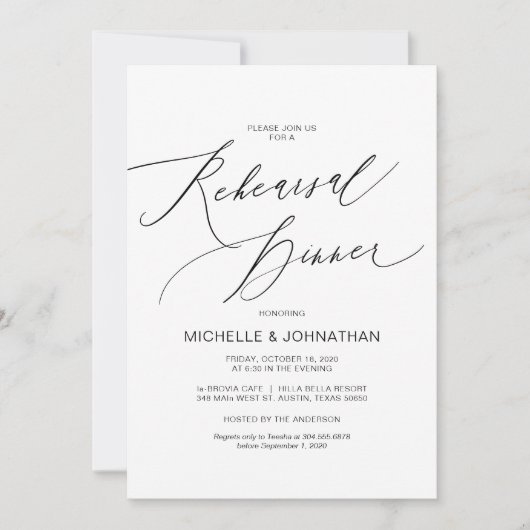 Modern script, zwart, bruiloft repetitie diner kaart (Voorkant)