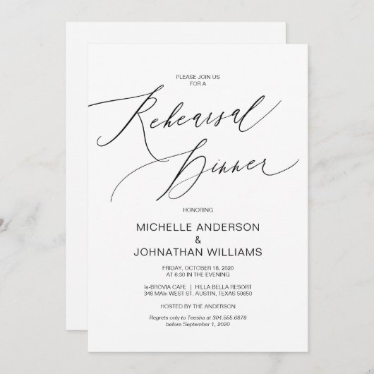 Modern script, zwart, bruiloft-repetitie kaart (Voorkant / Achterkant)