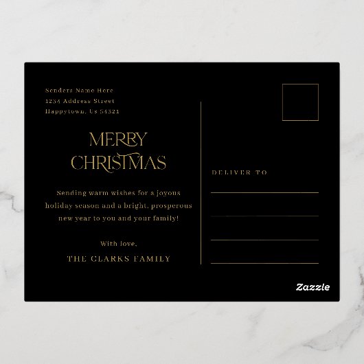 Modern Script Zwart en Goud Foto Kerstmis Folie Feestdagen Briefkaart (Achterkant)