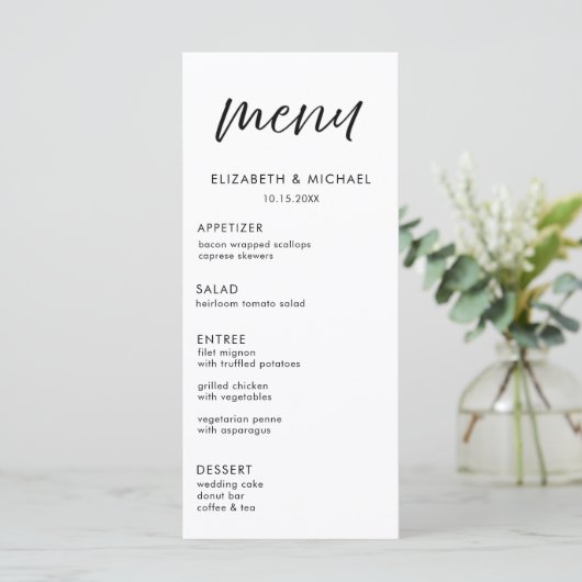 Modern Script Zwart- en Witte Bruiloftsreceptie Me Menu (Staand voorkant)