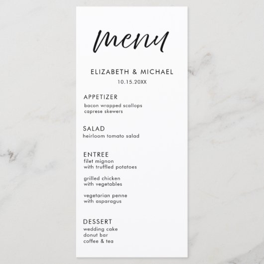 Modern Script Zwart- en Witte Bruiloftsreceptie Me Menu (Voorkant)