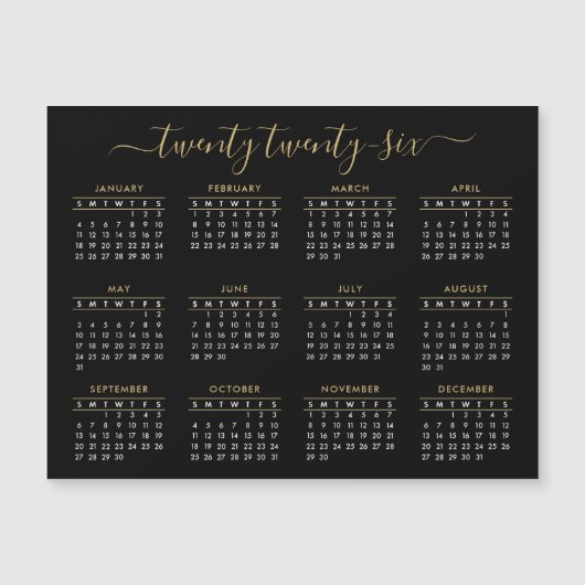 Modern Script Zwart Goud 2026 Kalender Magnet (Voorkant)