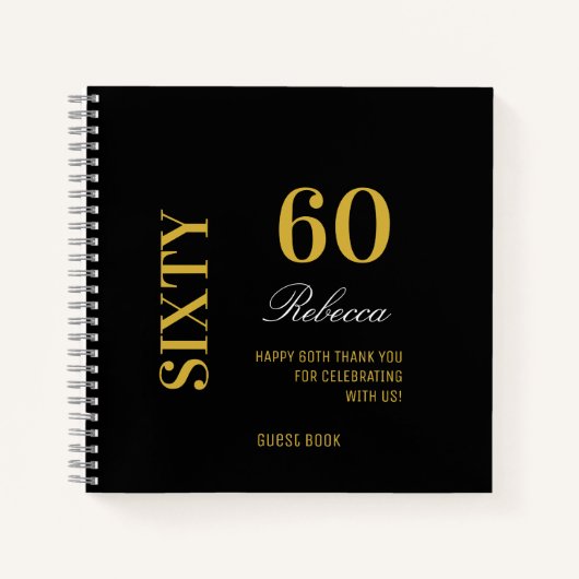 Modern Script Zwart Goud 60e Verjaardag Gast Notitieboek (Voorkant)